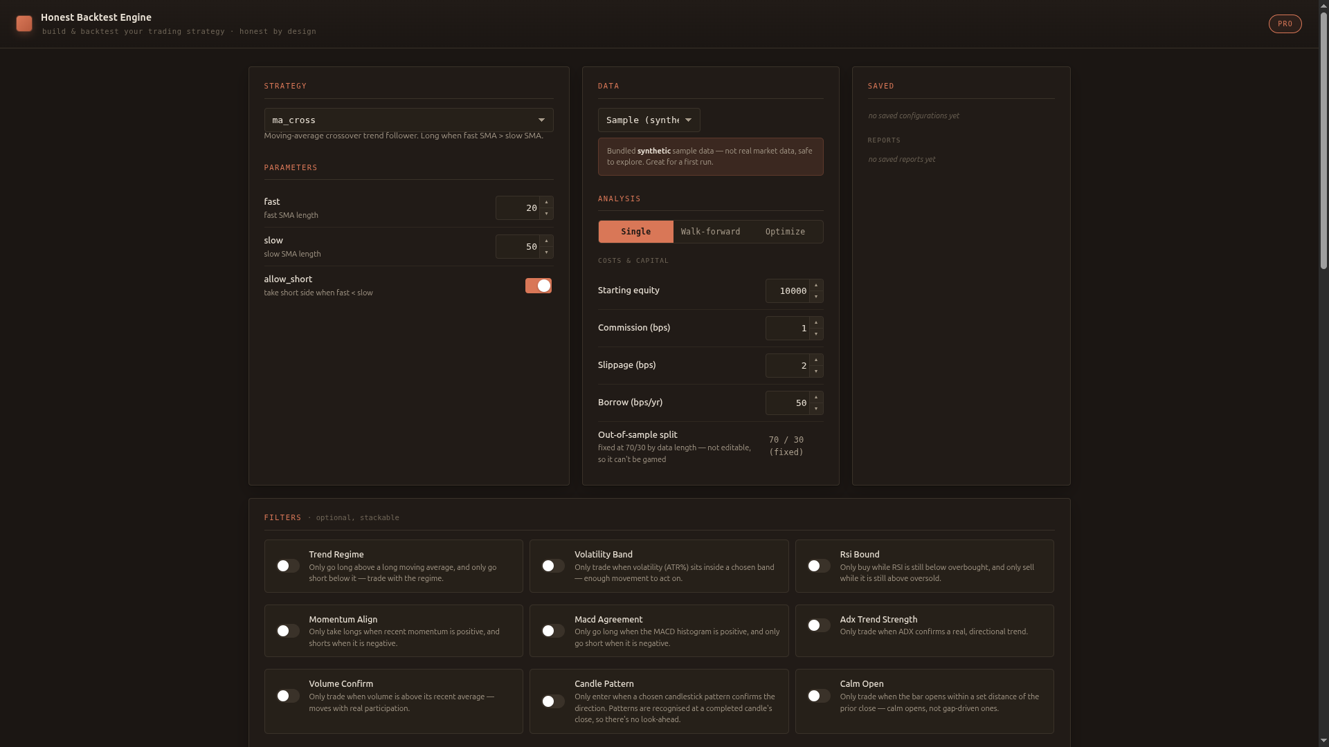The strategy builder: pick a strategy, choose data, set costs, stack optional filters