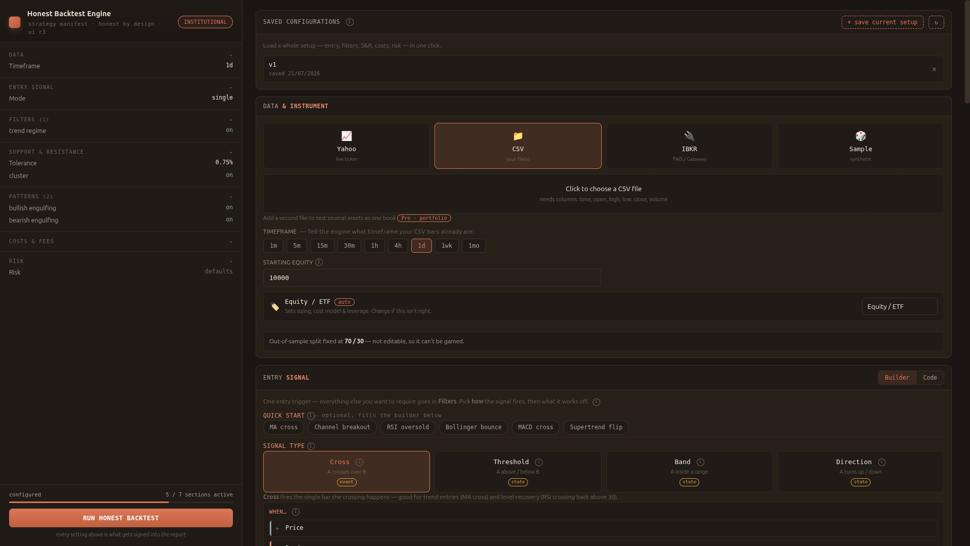 Choosing a data source and instrument, with the entry signal type selector below — Cross, Threshold, Band or Direction
