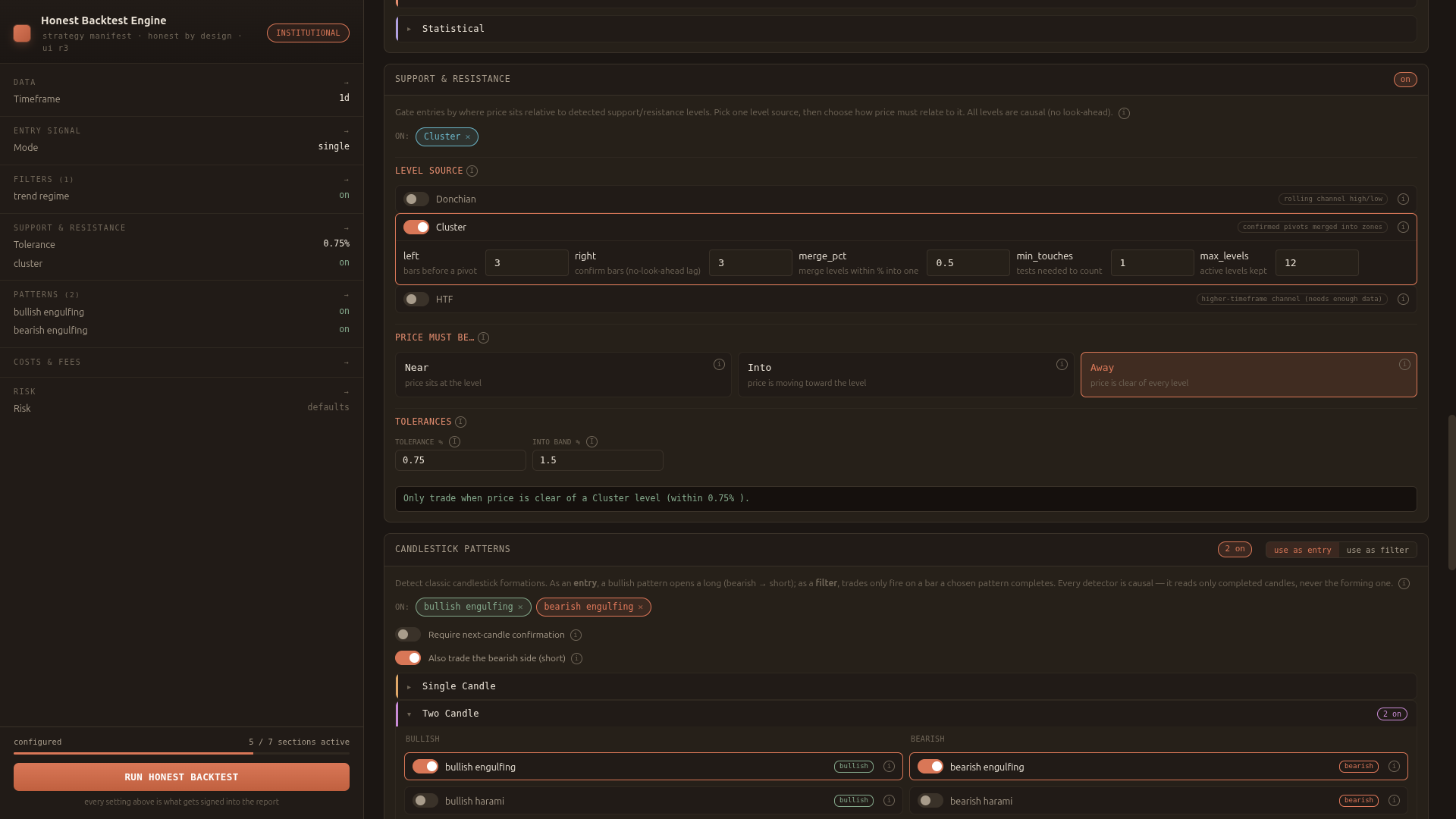 Optional filters grouped by category, and a support and resistance module with level source and price-relationship options
