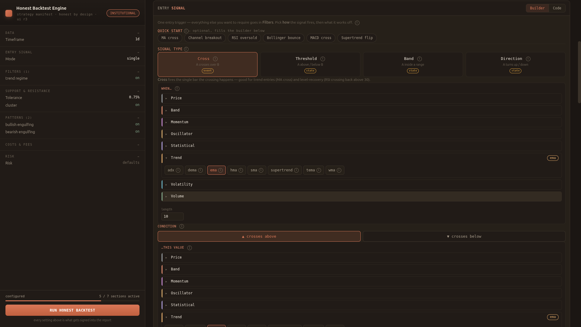 Building a strategy: entry signal, indicator library grouped by category, and the live strategy manifest on the left